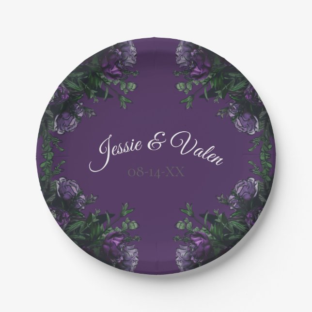 Plato De Papel Morado Floral Elegante Boda Gótica (Anverso)