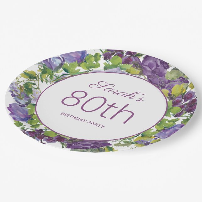 Plato De Papel Morado Floral hojas verdes viñas 80 cumpleaños (Angular)