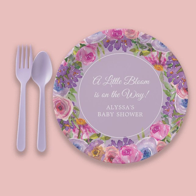 Plato De Papel Morado Floral Rosa Pequeño Bloom Baby Shower (Pink and purple watercolor floral "Little bloom" baby girl shower paper plate)