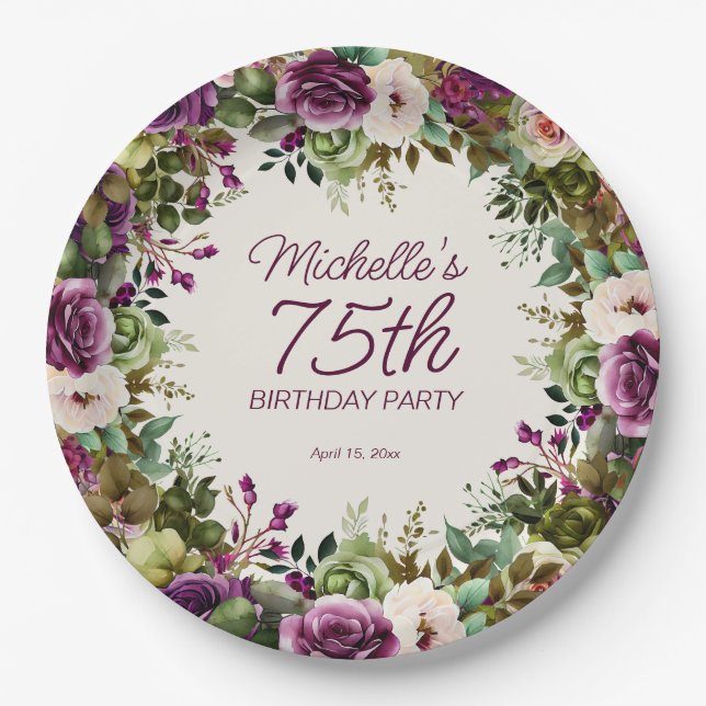 Plato De Papel Morado Floral Verde Sale 75 cumpleaños (Anverso)