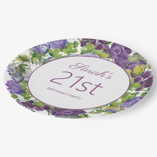 Plato De Papel Morado Floral Verdes Vines 21 cumpleaños (Angular)