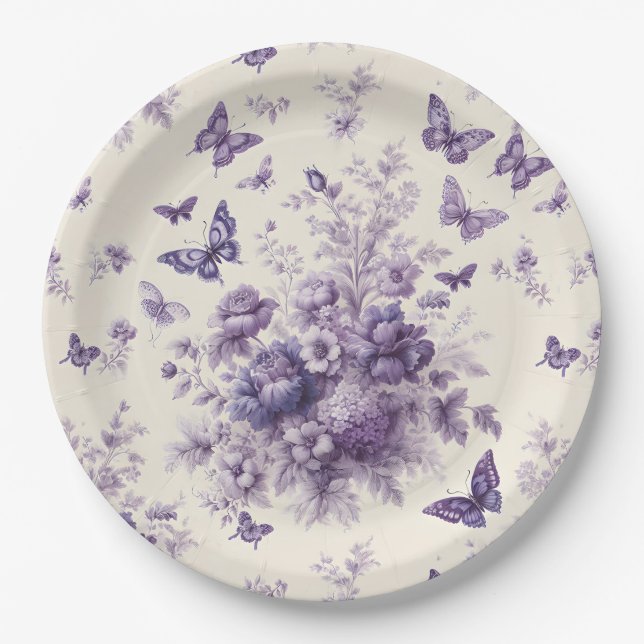 Plato De Papel Morado Francés Toile Fleurie Butterflies (Anverso)