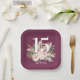 Plato De Papel Morado giratorio acuarela floral elegante cumpleañ