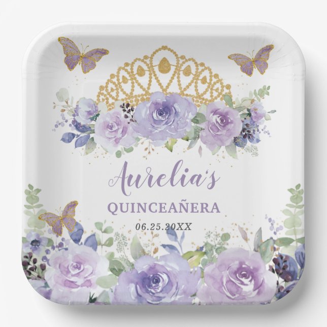 Plato De Papel Morado Lilac Floral Quinceañera Corona Butterflies (Anverso)