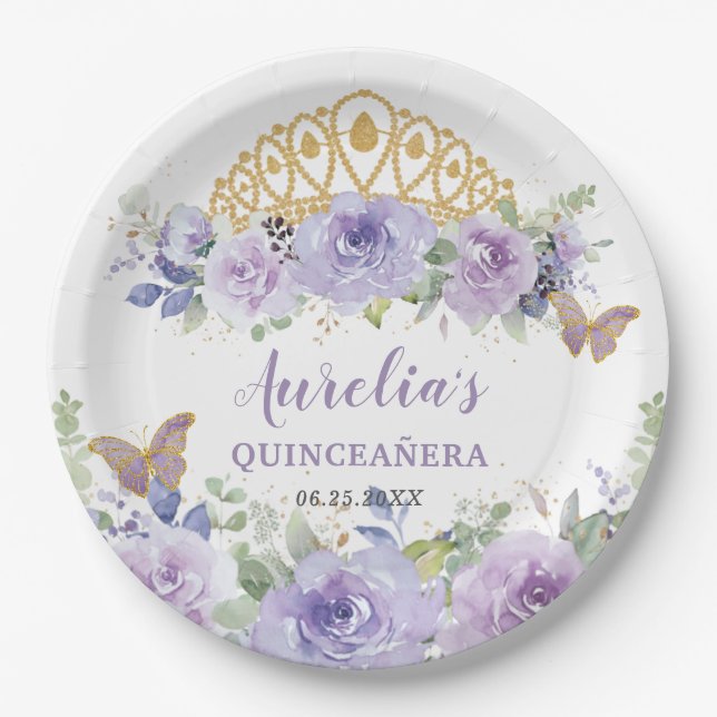 Plato De Papel Morado Lilac Floral Quinceañera Corona Butterflies (Anverso)