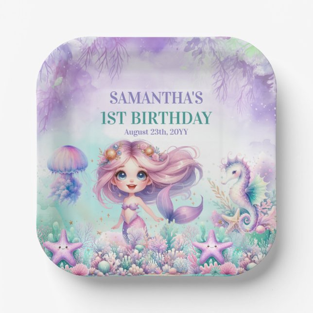 Plato De Papel Morado lindo y sirena verde azulada verano 1º cump (Anverso)