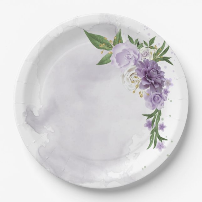 Plato De Papel morado malva blanca floral (Anverso)