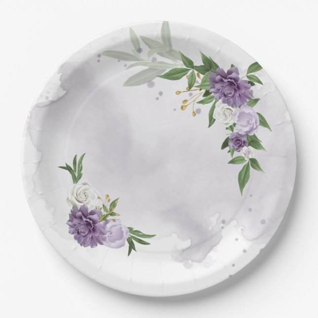 Plato De Papel morado malva blanco vegetación floral (Anverso)