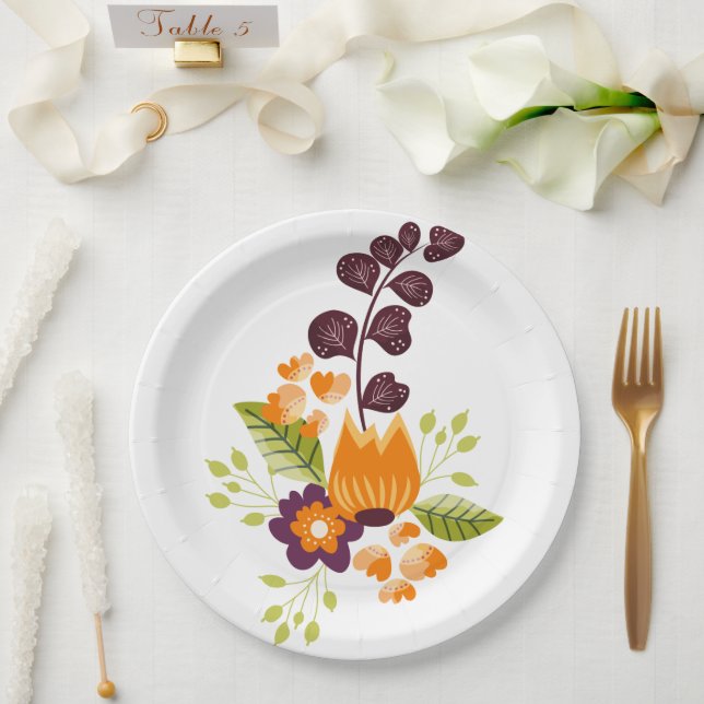 Plato De Papel Morado Naranja floral moderna (Boda)