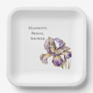 Plato De Papel Morado Oro Iris Floral Mariposa Ducha De Novias