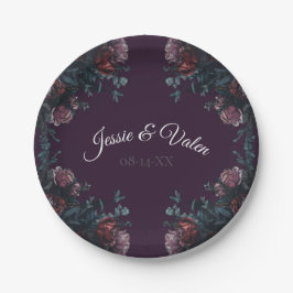 Plato De Papel Morado oscuro Floral Elegante Boda Maroon Mauve