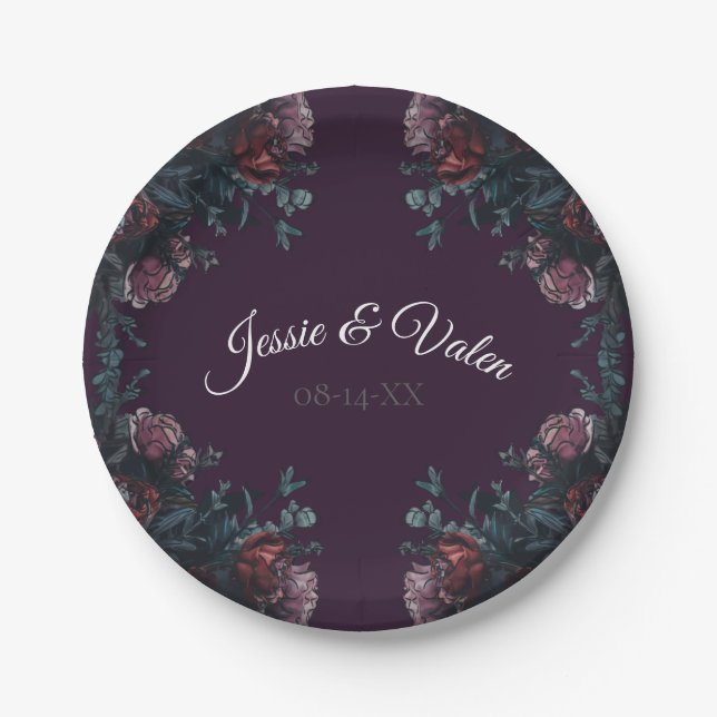 Plato De Papel Morado oscuro Floral Elegante Boda Maroon Mauve (Anverso)
