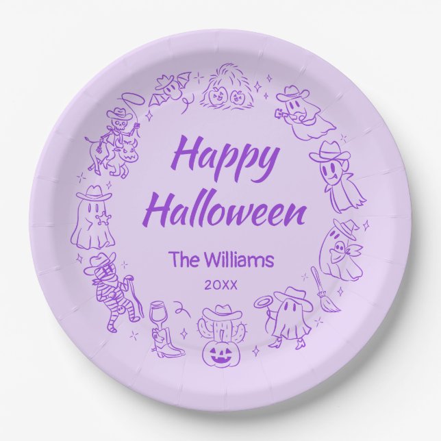 Plato De Papel Morado Quirky Cowboy feliz Halloween (Anverso)
