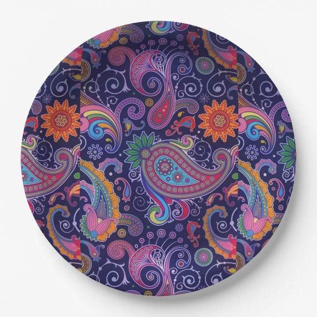 Plato De Papel Morado rosa paisley (Anverso)
