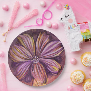 Plato De Papel Morado Y Oro Floral Acuarela Vibrante Negrita