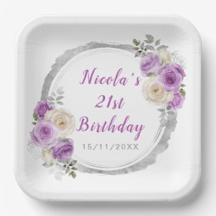 Plato De Papel Morado y Plata Flores Elegantes Cumpleaños