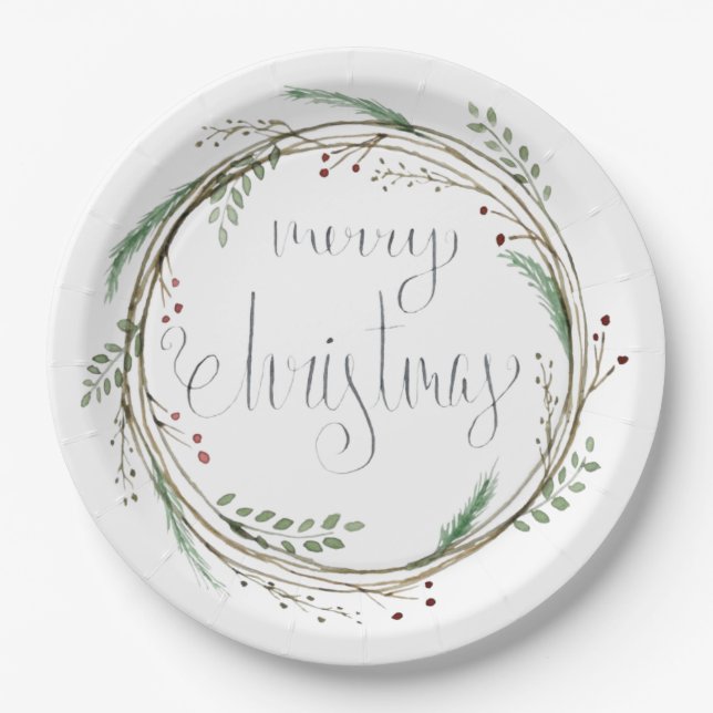 Plato De Papel Morerry Christmas Watercolor Wreath (Anverso)