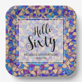 Plato De Papel Mosaico Azul Violeta Hola Sesenta cumpleaños