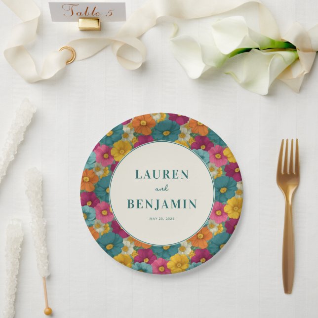Plato De Papel Mosaico Floral Alegre (Boda)