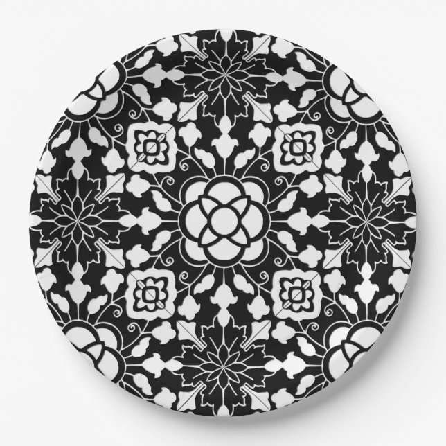 Plato De Papel Mosaico floral marroquí, negro y blanco (Anverso)