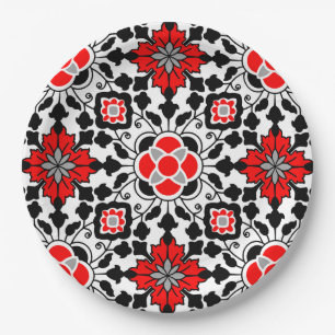 Plato De Papel Mosaico floral marroquí, rojo profundo, negro y bl