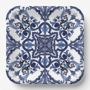 Plato De Papel Mosaico mallico italiano azul y blanco siciliano