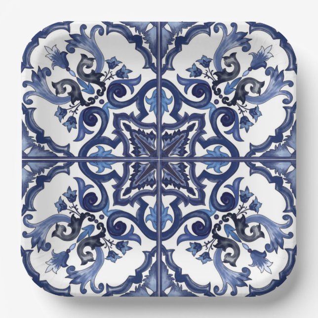 Plato De Papel Mosaico mallico italiano azul y blanco siciliano (Anverso)