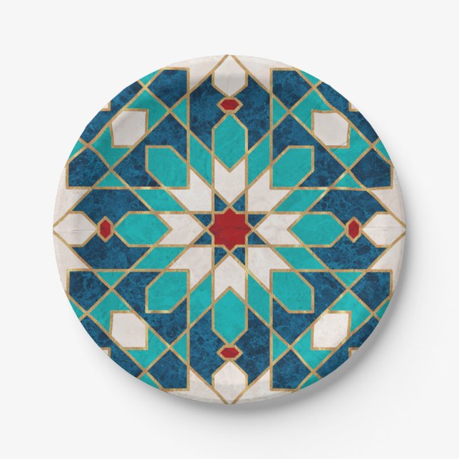 Plato De Papel Mosaico marroquí de mármol rojo azul Verde azulado (Anverso)