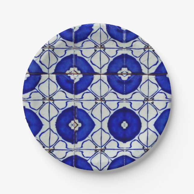 Plato De Papel Mosaico morisco de arte geométrico azul índigo (Anverso)
