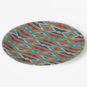 Plato De Papel Mosaico tribal del Naranja rojo azul Verde azulado