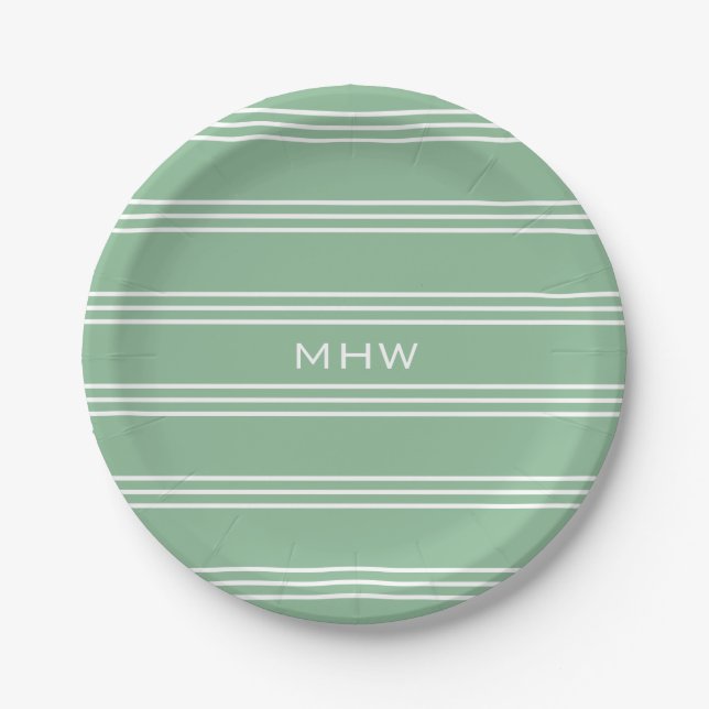 Plato De Papel Moss Green Stripes personalizado monograma placas  (Anverso)