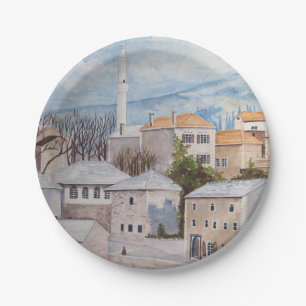 Plato De Papel Mostar, Bosnia - Pintura del paisaje de acrílico