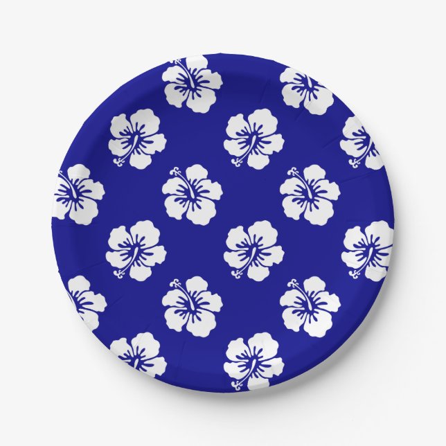 Plato De Papel Motif Hawaïen Hibiscus Bleu et blanc (Anverso)