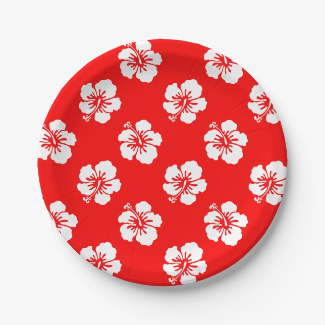 Plato De Papel Motif Hawaïen Hibiscus Rouge et blanc (Anverso)