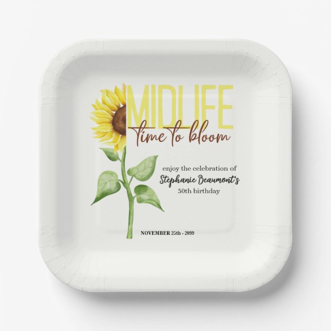 Plato De Papel Motivational Midlife Sunflower Bloom 50th Birthday (Anverso)