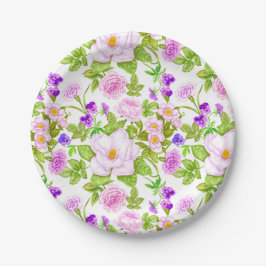 Plato De Papel Motivo de flores silvestres rosas de lavanda morad