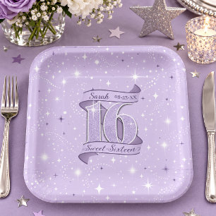 Plato De Papel Motivo de Sweet 16 y patrón de estrellas Violeta I