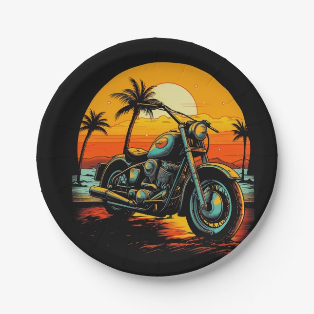 Plato De Papel moto-playa con palmeras (Anverso)