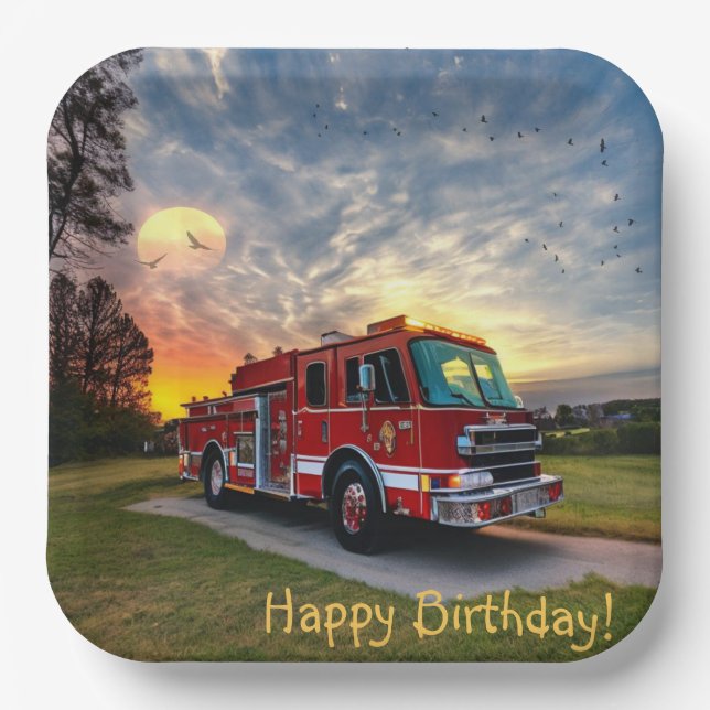 Plato De Papel Motor de bomberos de cumpleaños feliz (Anverso)