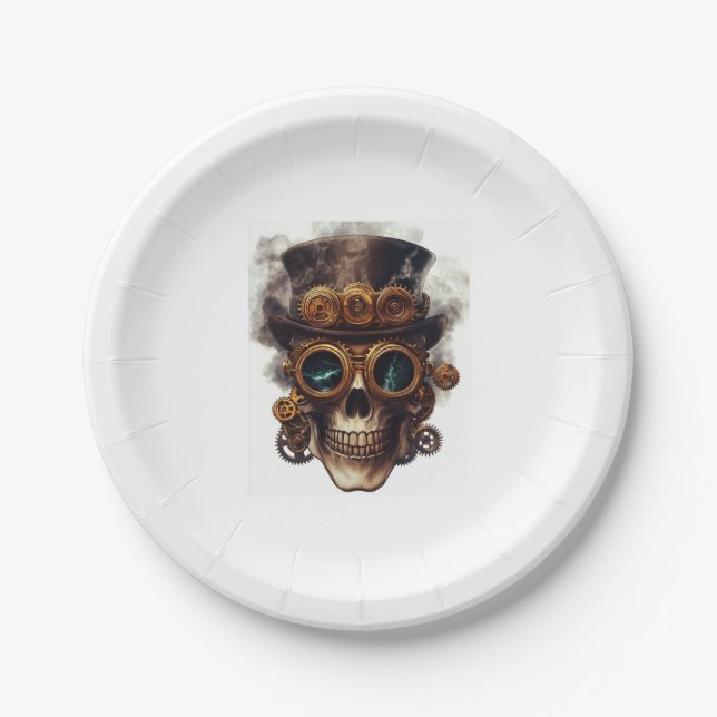 Plato De Papel Motor de cráneo Steampunk (Anverso)