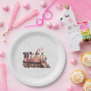 Plato De Papel Motor de tren rosa Vintage Steampunk Style