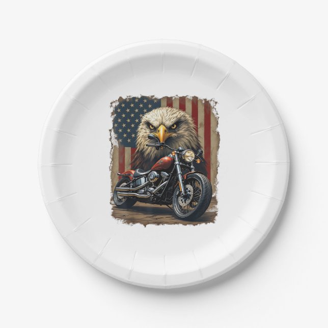 Plato De Papel Motorcycle USA Flag Retro Biker Chopper (Anverso)