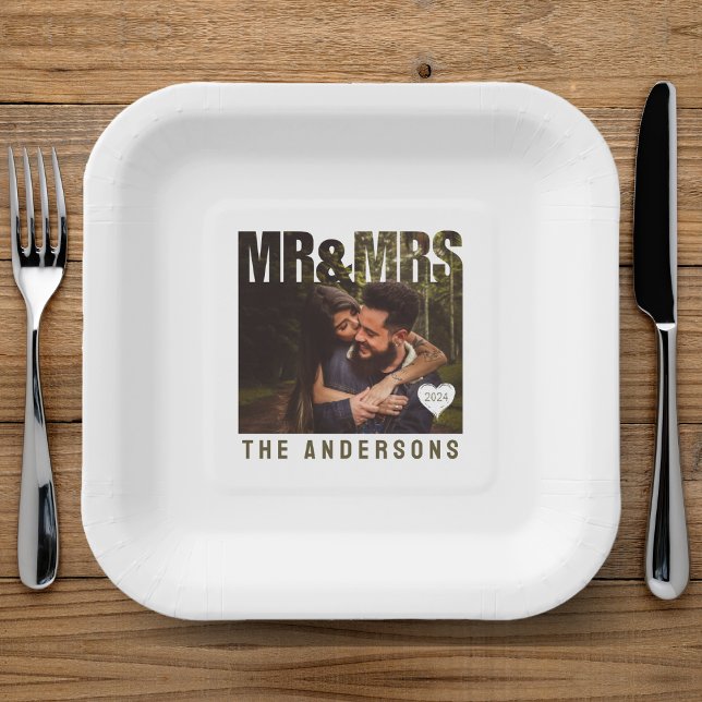 Plato De Papel Mr & Mrs Bloque Foto Corazón Aniversario Nombre (Mr & Mrs Photo Block Heart Anniversary Name Paper Plates
)