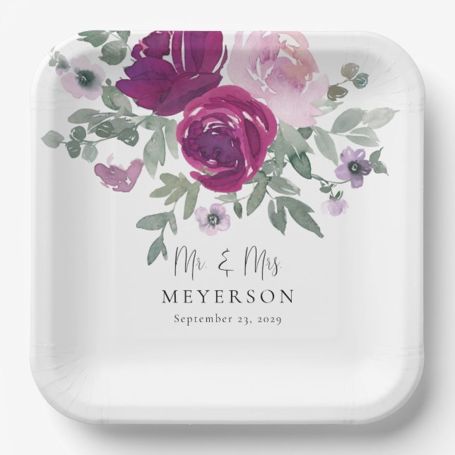 Plato De Papel Mr & Mrs Magenta Blush Floral White Wedding (Anverso)