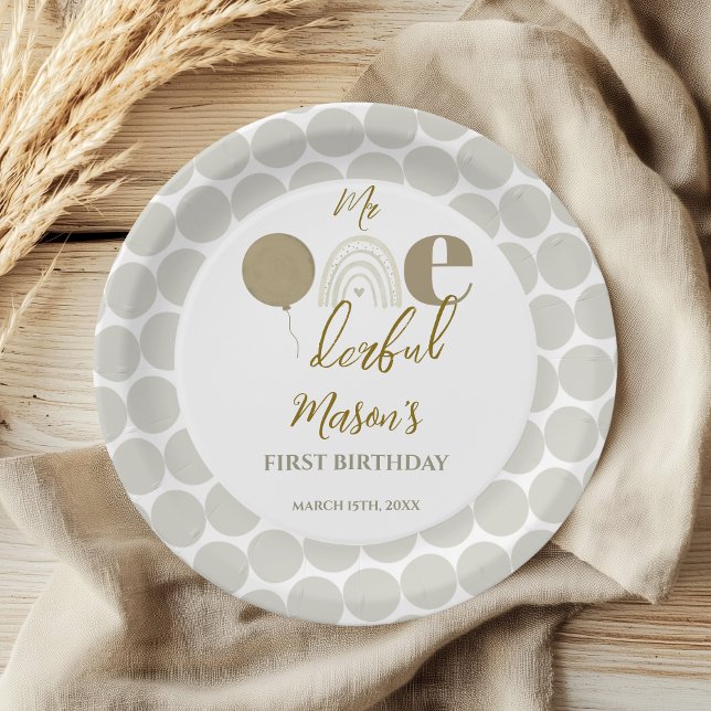 Plato De Papel Mr One derful Neutral Rainbow First Birthday (Subido por el creador)