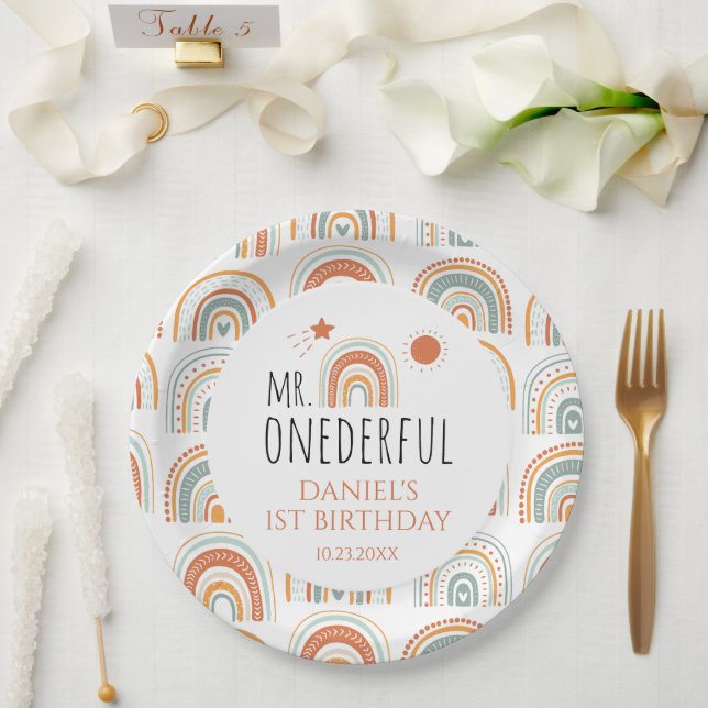 Plato De Papel MR Onemaravilloso Boho Arcoiris Primer cumpleaños (Boda)