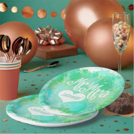 Plato De Papel Mr. y Mrs. Blue Green Watercolor Style