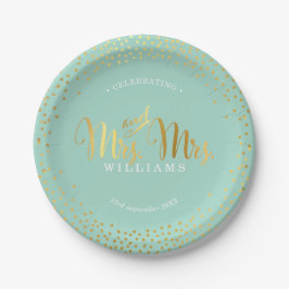 Plato De Papel MRS. y MRS. STYLISH BODA TABLE confetti oro menta