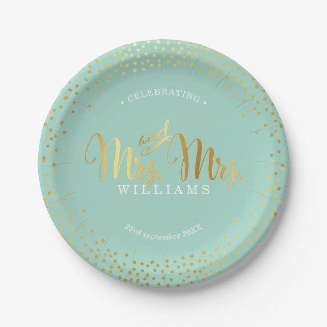 Plato De Papel MRS. y MRS. STYLISH BODA TABLE confetti oro menta (Anverso)