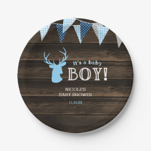 Plato De Papel Muchacho azul de madera rústico Baby Shower de lo